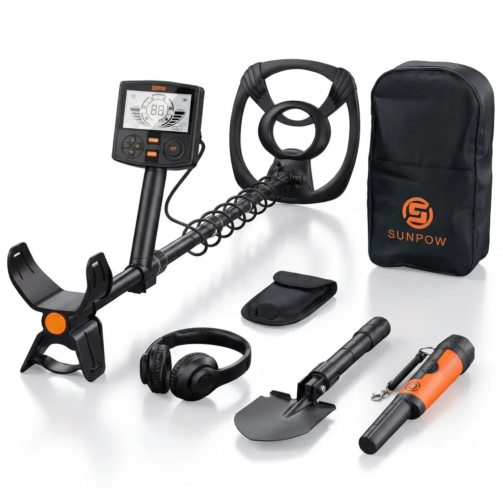 SUNPOW Professional Metal Detector & Gold Detector, Underground Metal Detecting Equipment Kit,10" IP68 Waterproof Coil,5 Modes Dual Backlit LCD,Adjustable for Adults Treasure Hunting Beach River Yard Relic Hunting