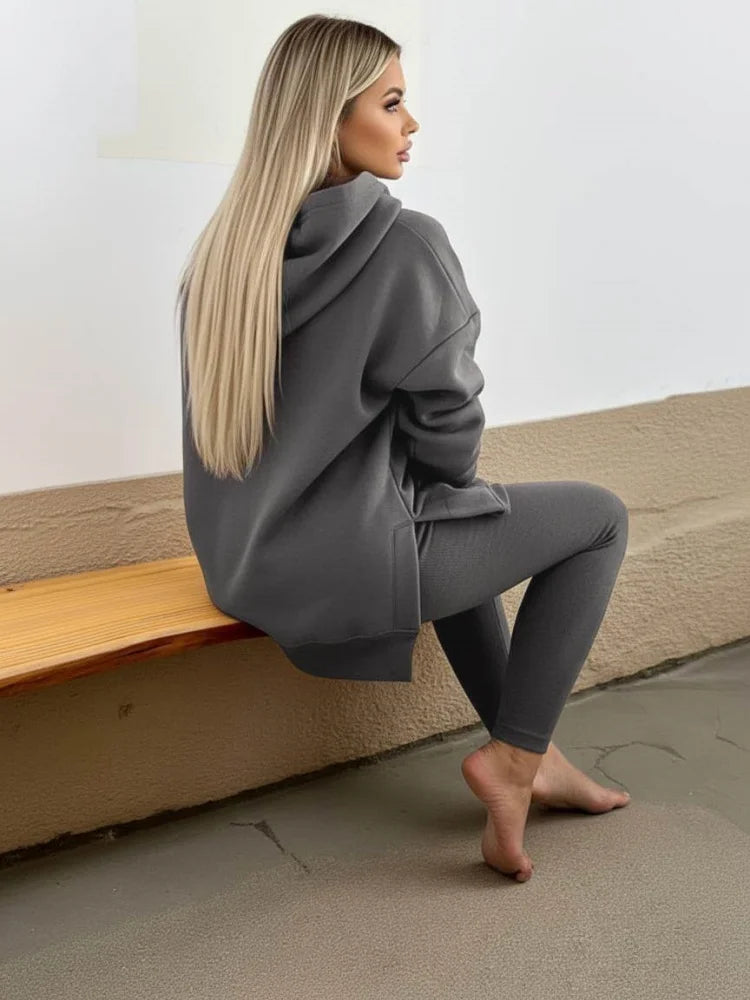 Pants Set Long Sleeve Hooded Pocket Loose Top High Waist Slim Leggings For Women Daily Home Fitness Jogging Outdoor Leisure Matching Outfit