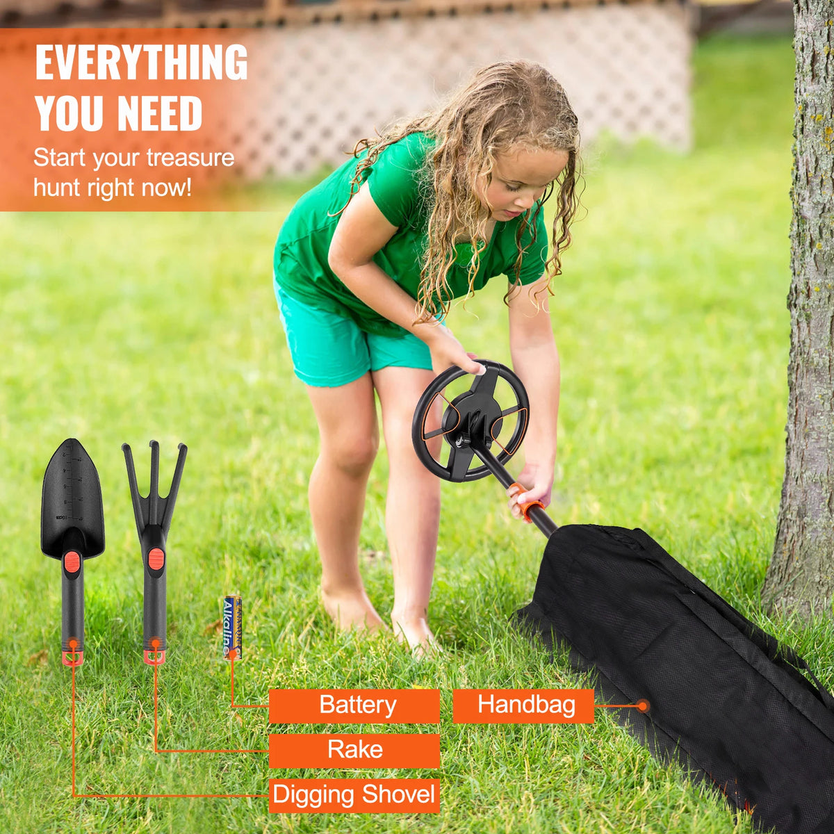 VEVOR Metal Detector for Kids 6Inch 25''-37''Adjustable Length IP68 Waterproof Search Coil with LCD for Detecting Gold