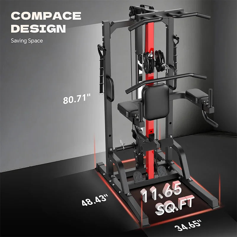 Pooboo Pull Up Bar Power Tower Dip Station with Cable Machine, 450LB Home Gym | Pull Up Bar, Dip Station and 16-Position Cable System for Pull Ups, Dips, Lat Pulldowns, Rows and Full-Body Training