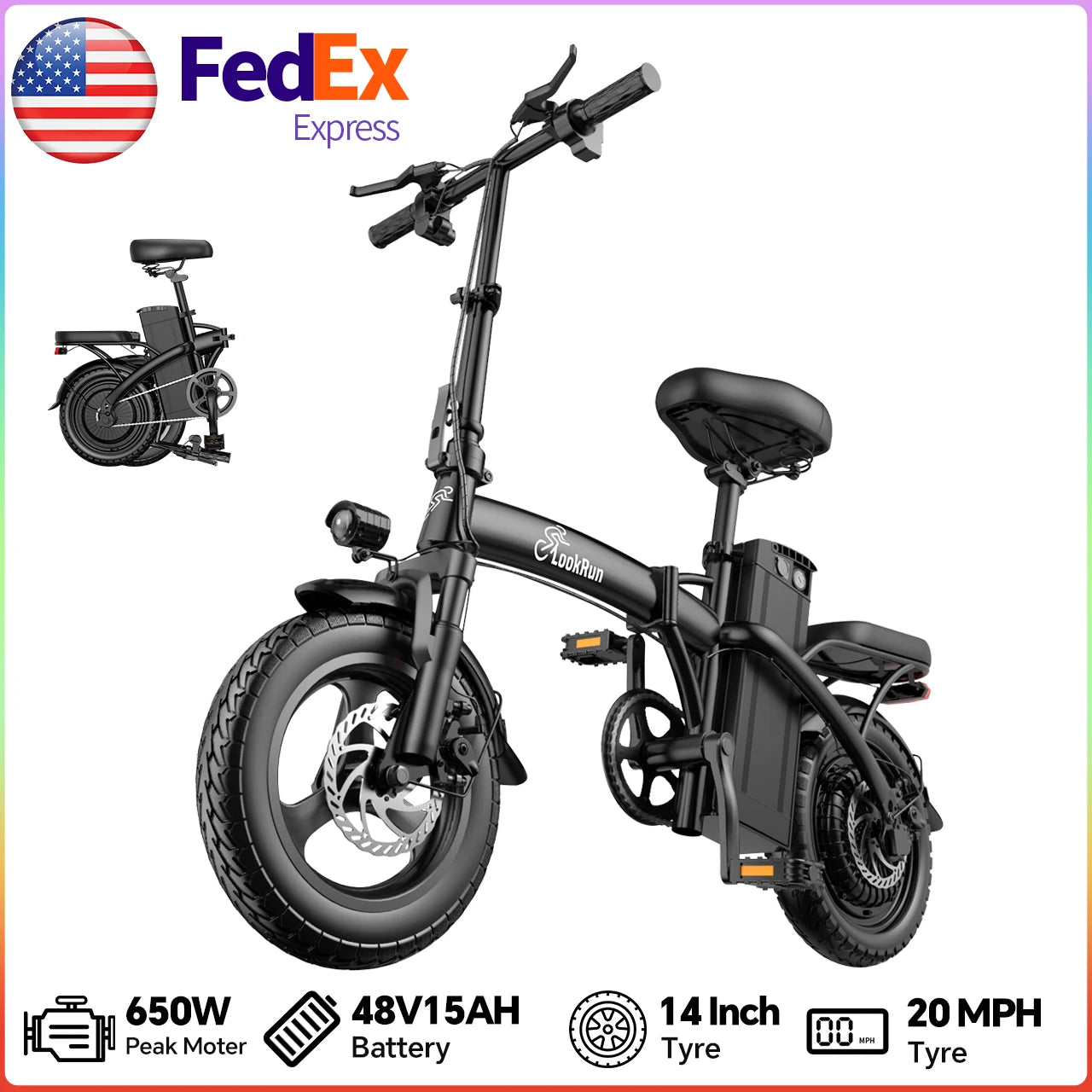 LOOKRUN Foldable Electric Bike 48V Battery 20 MPH Top Speed