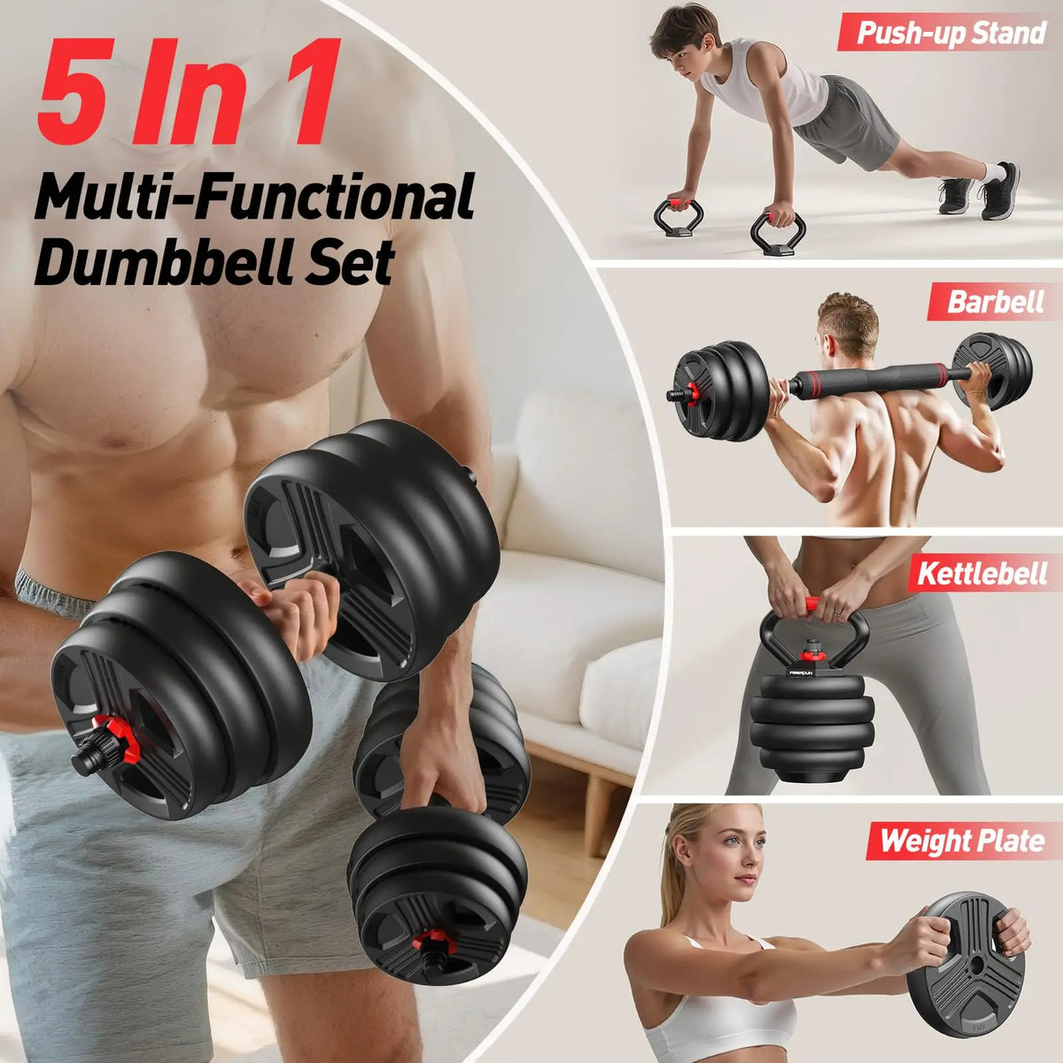 FED Fitness 5 In 1 Adjustable Dumbbell Set With Barbell Conversion