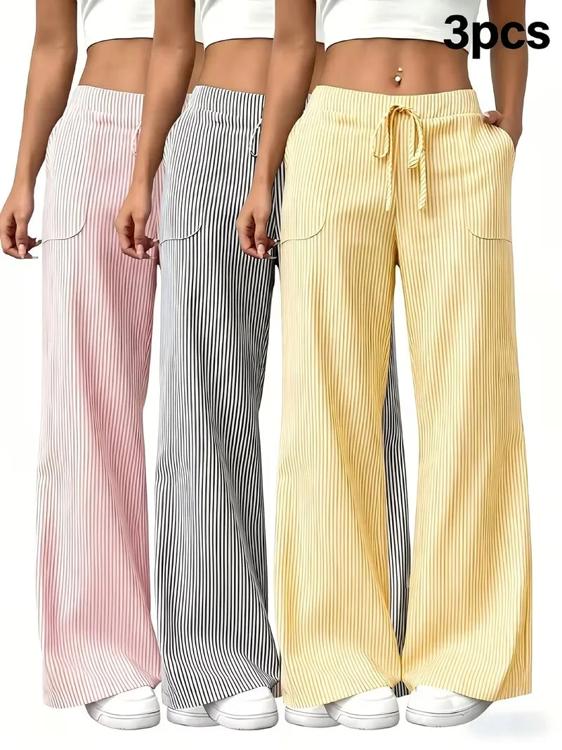 Three‑Piece Set of Women's Striped Wide‑Leg Athletic Pants ‑ High‑waisted Elastic Drawstring Waistband, Lightweight and Soft Sports Trousers, Suitable for Exercise, Running, Fitness and Home Leisure, With Pockets,
