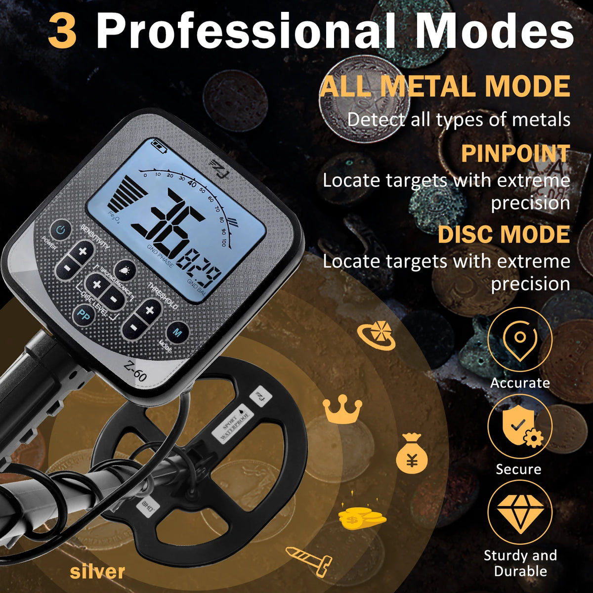 PRO-Z60 Metal Detector for Adults with Pin Pointer,Gold Metal detector,16" Detection Depth Professional Metal Detector Kit High Frequency 19.23kHz Gold Detector with Ground Balance,Double-D Waterproof Coil for Beach