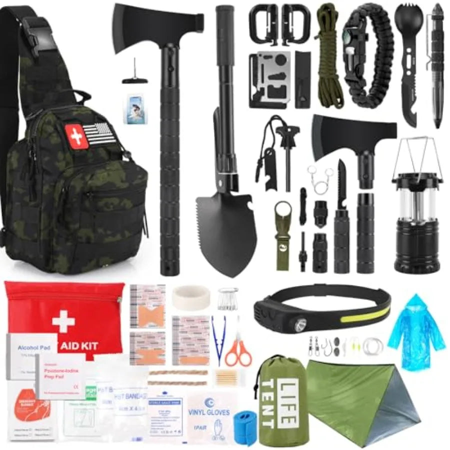 Survival Kit 268 Pcs Emergency Survival Gear and Equipment Supplies with First Aid Kit Camping Axe Headlamp Crossbody Bag for C