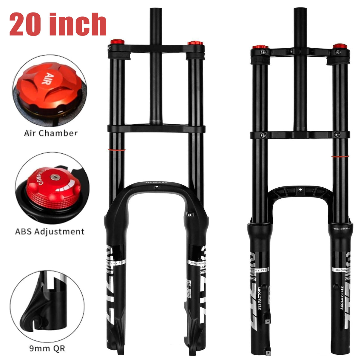 20/26 inch 4.0 Fat Tire Bike Air Suspension Fork - 180mm Travel, 135mm Hub Spacing, QR 9mm, Double Crown Shock Absorber Fork for MTB Fat Snow Beach E-Bike