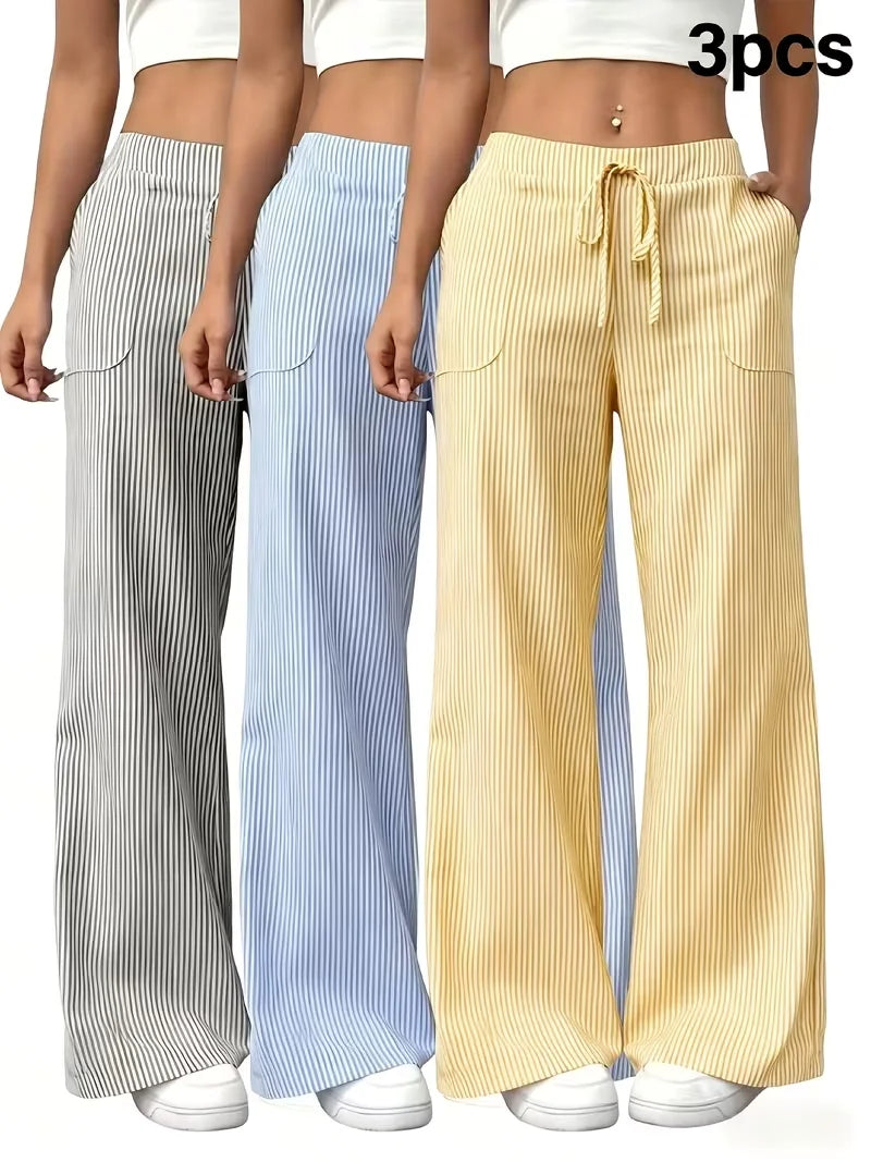 Three‑Piece Set of Women's Striped Wide‑Leg Athletic Pants ‑ High‑waisted Elastic Drawstring Waistband, Lightweight and Soft Sports Trousers, Suitable for Exercise, Running, Fitness and Home Leisure, With Pockets,