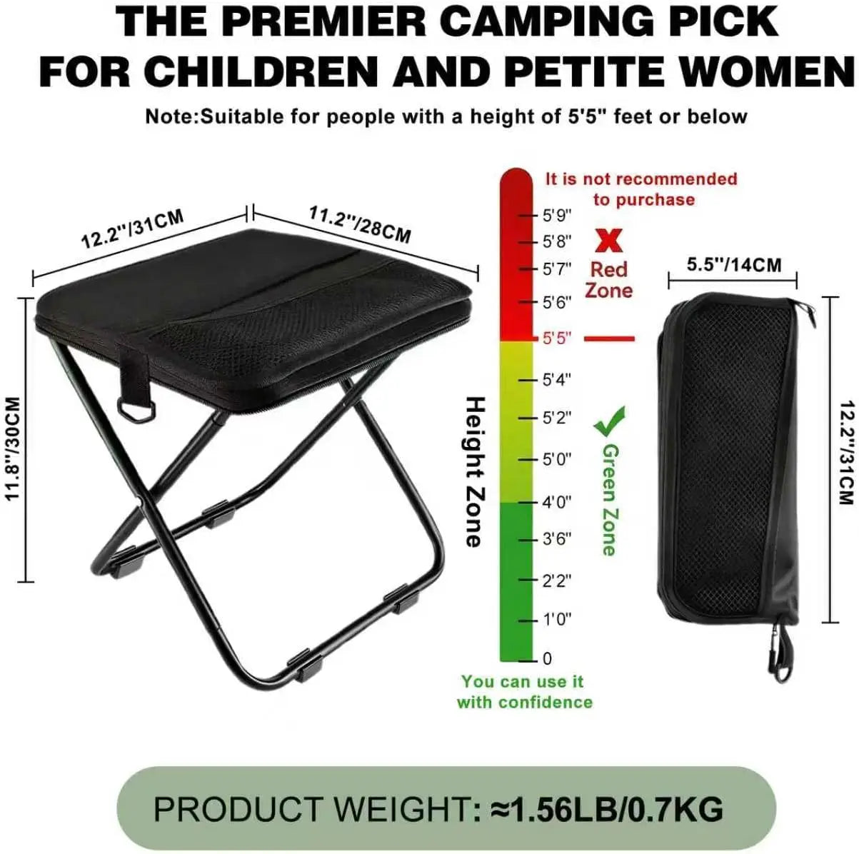 GMOX Camping Stool Portable Chair: All-Terrain Folding Carrying Pocket Stool, 4 Anti-Sink Feet, 270Lbs Capacity & 3s Setup. 5000 Cycle Tested for Rugged Sites, Camping, Fishing, Travel, Black.
