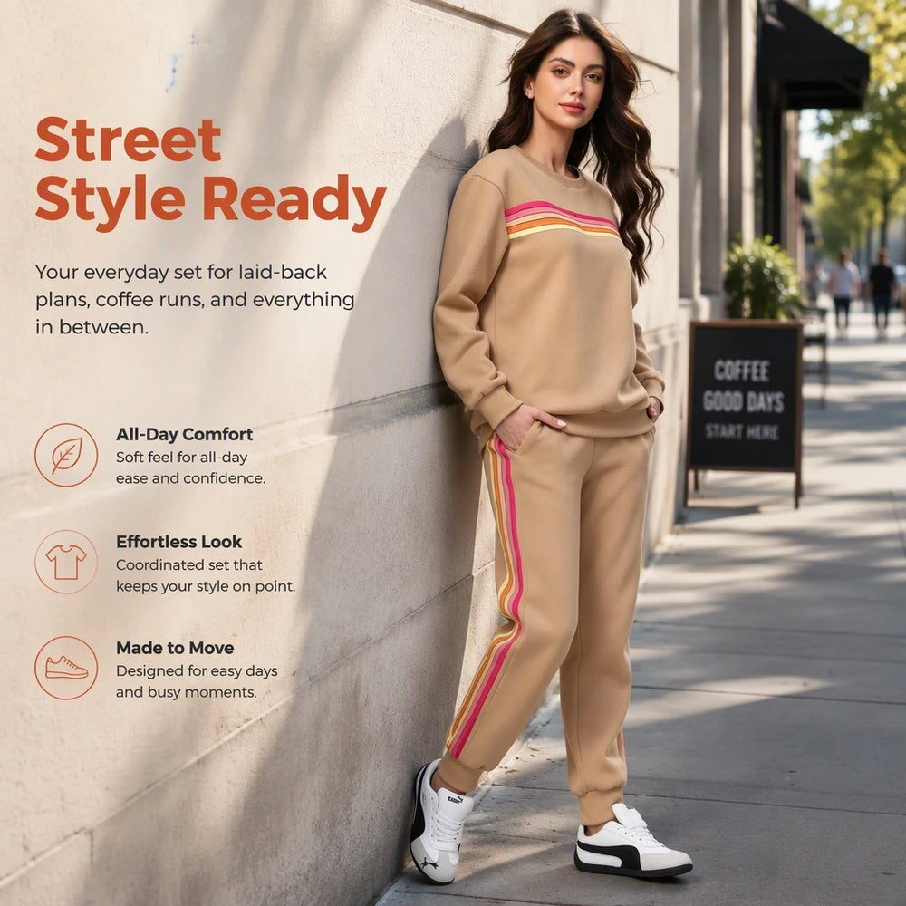 Womens Oversized Retro Striped Two Piece Lounge Set Cozy Warm Pullover Sweater Top And Jogger Pants With Two Side Pockets Relaxed Fit For Fall School Campus Weekend Travel And Everyday Casual Wear