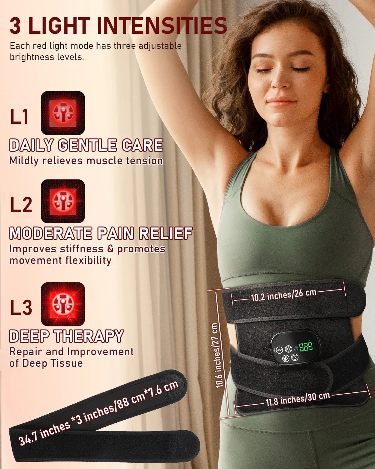 Cordless Red Light Therapy Belt with 2 Long Straps, Rechargable Heat & Vibration Waist Massage for Back Shoulder Waist Muscle Pain Relief