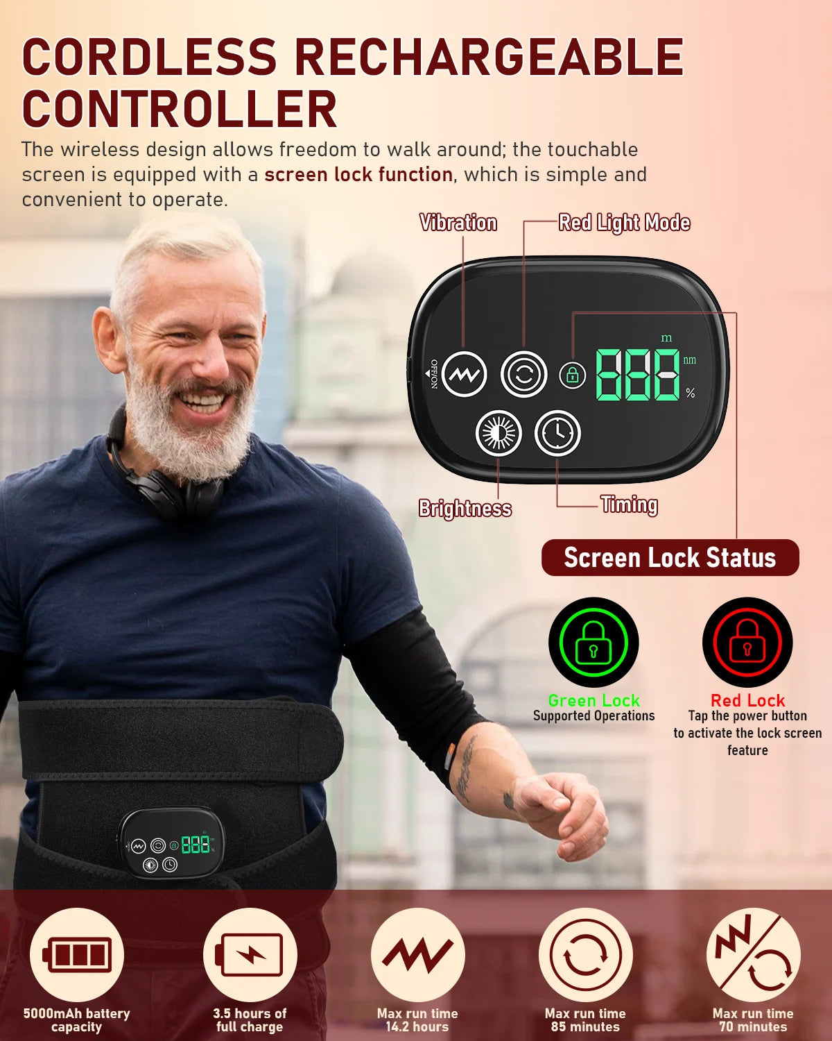 Cordless Red Light Therapy Belt with 2 Long Straps, Rechargable Heat & Vibration Waist Massage for Back Shoulder Waist Muscle Pain Relief