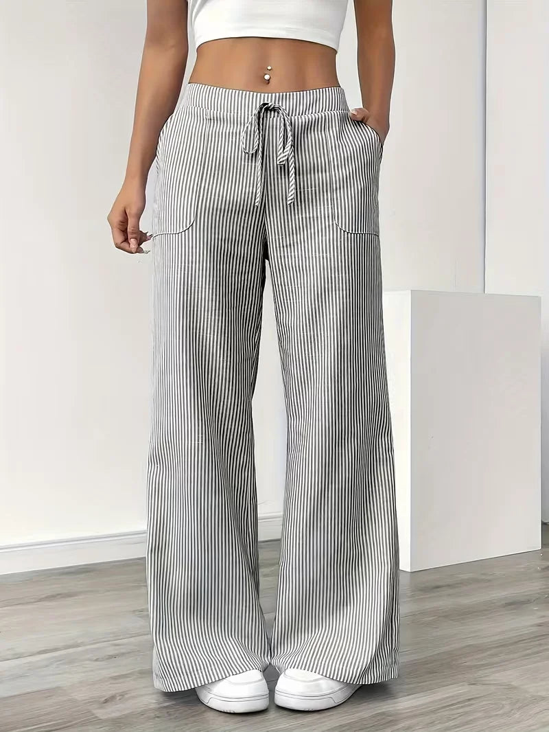 Three‑Piece Set of Women's Striped Wide‑Leg Athletic Pants ‑ High‑waisted Elastic Drawstring Waistband, Lightweight and Soft Sports Trousers, Suitable for Exercise, Running, Fitness and Home Leisure, With Pockets,