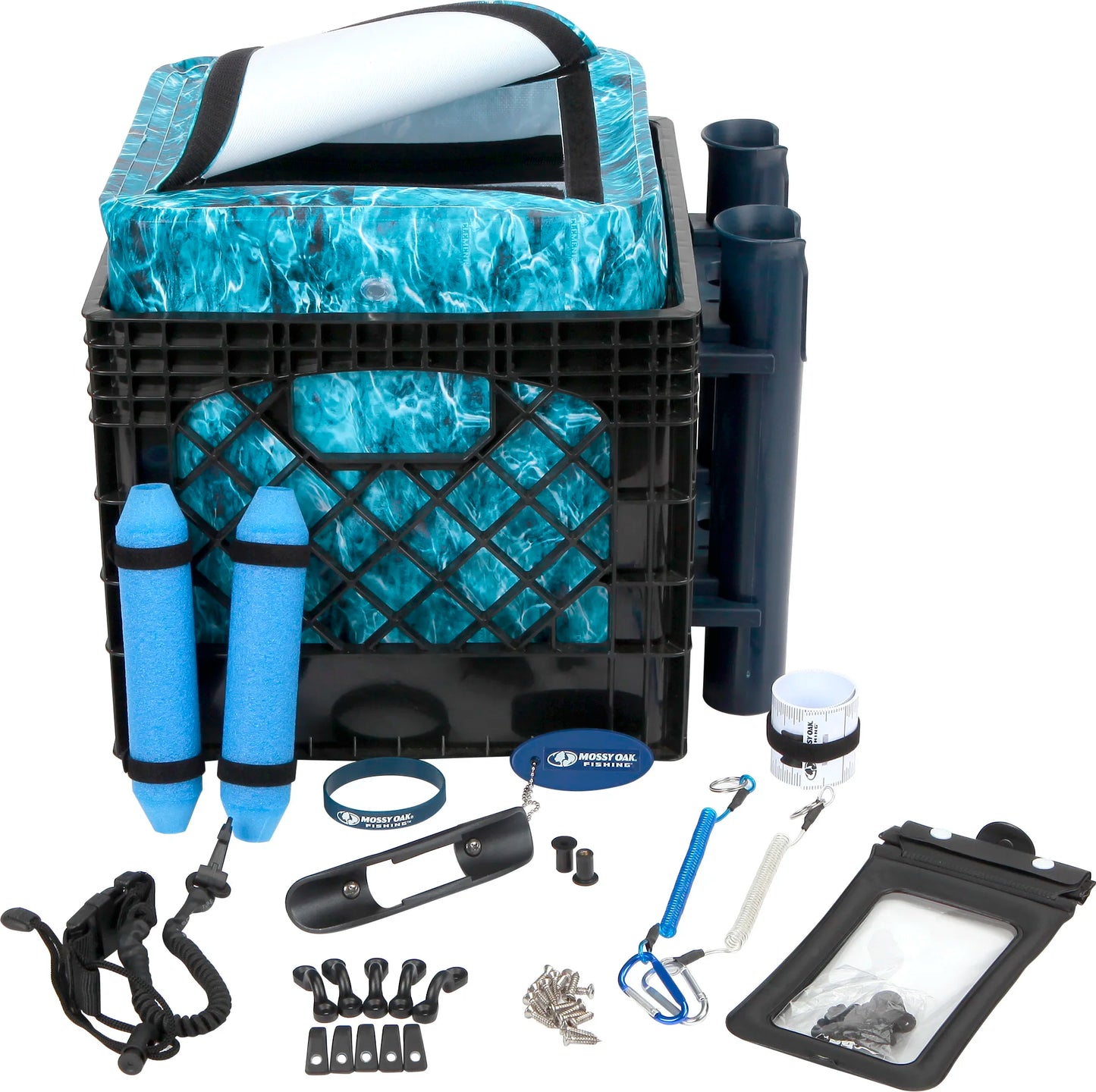 Kayak Storage Crate with Dry Bag Fishing Gear Kit Rod Holder Blue Milk Crate