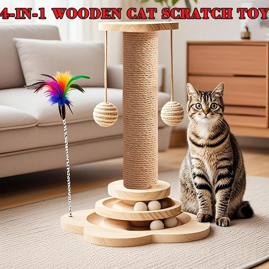 4-in-1 Wooden Cat Scratcher with Ball Track & Feather Toy Self-Play Kitten Activity Center Anti-Boredom Indoor Pet Supplies , Suitable For Indoor Kittens