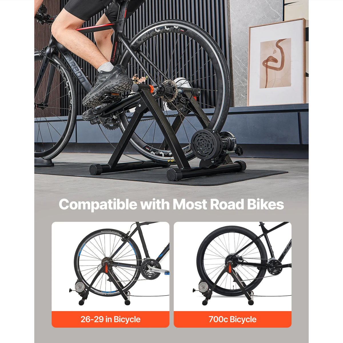 VEVOR Bike Trainer 6 Level Resistance 26-29 inch & 700C Wheels with Release Skewer & Front Wheel Riser Block for Road Bikes