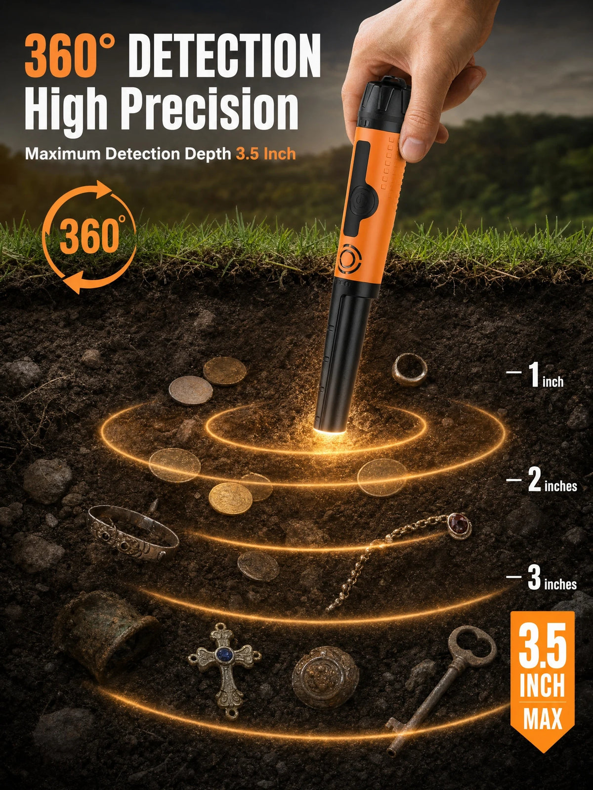 SUNPOW Handheld Pinpointer Metal Detector,IP68 Waterproof 360° Scan Audio Vibration Probe for Adult Beach Underground Detecting