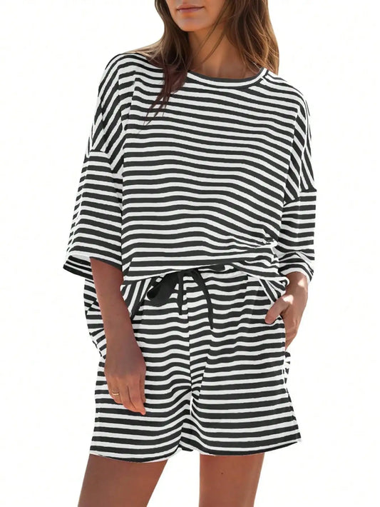 Fisoew Striped Athleisure Two Piece Set Women Lounge Wear