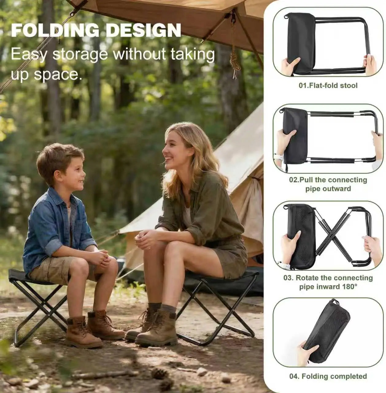 GMOX Camping Stool Portable Chair: All-Terrain Folding Carrying Pocket Stool, 4 Anti-Sink Feet, 270Lbs Capacity & 3s Setup. 5000 Cycle Tested for Rugged Sites, Camping, Fishing, Travel, Black.