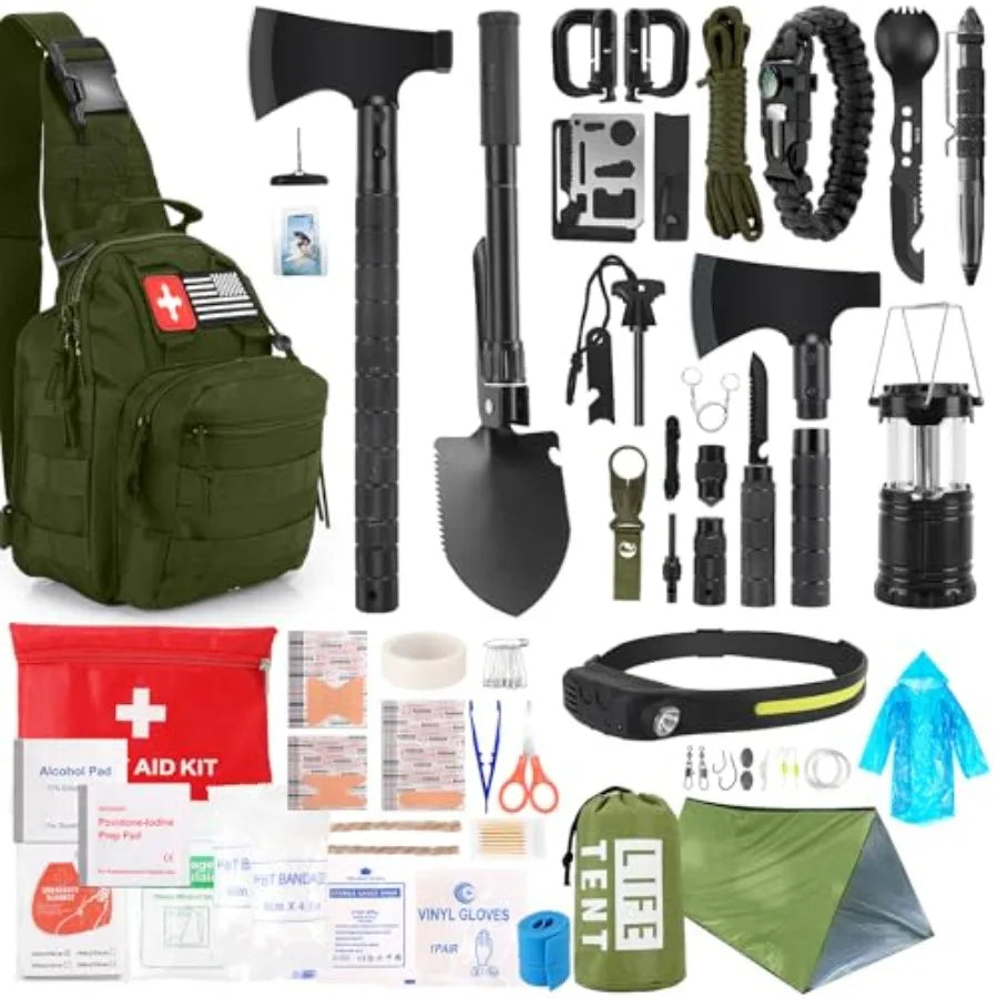 Survival Kit 268 Pcs Emergency Survival Gear and Equipment Supplies with First Aid Kit Camping Axe Headlamp Crossbody Bag for C
