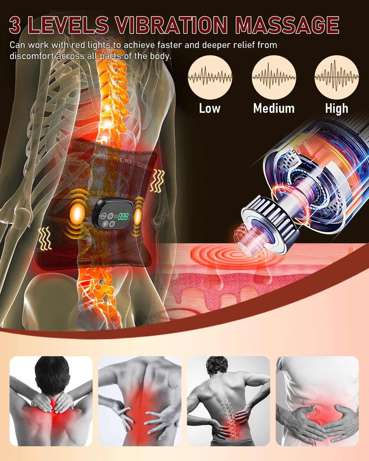 Cordless Red Light Therapy Belt with 2 Long Straps, Rechargable Heat & Vibration Waist Massage for Back Shoulder Waist Muscle Pain Relief