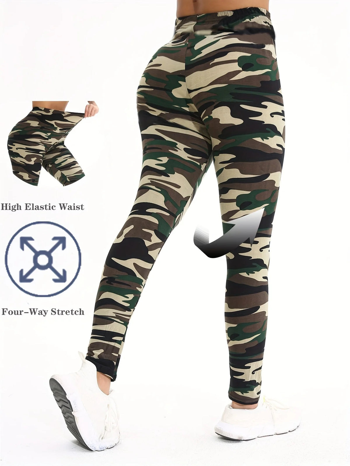 Yoga Pants, Women's High‑Waist Green Brown Camouflage Print Stretch Leggings, Buttery‑Soft Full‑Length Gym Workout Outdoor Daily Casual Active Pants