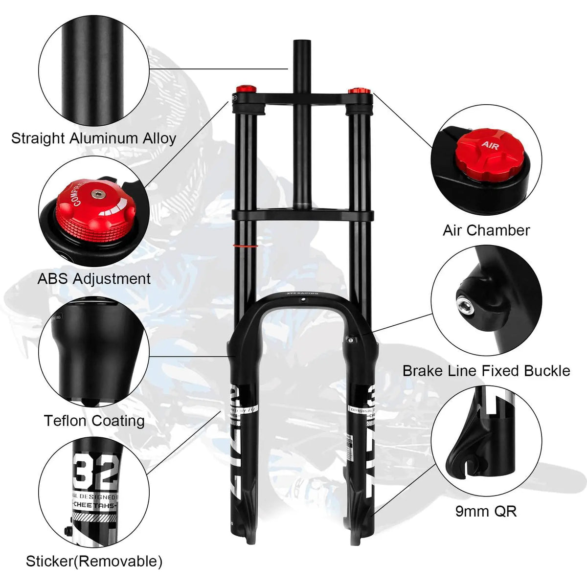 20/26 inch 4.0 Fat Tire Bike Air Suspension Fork - 180mm Travel, 135mm Hub Spacing, QR 9mm, Double Crown Shock Absorber Fork for MTB Fat Snow Beach E-Bike