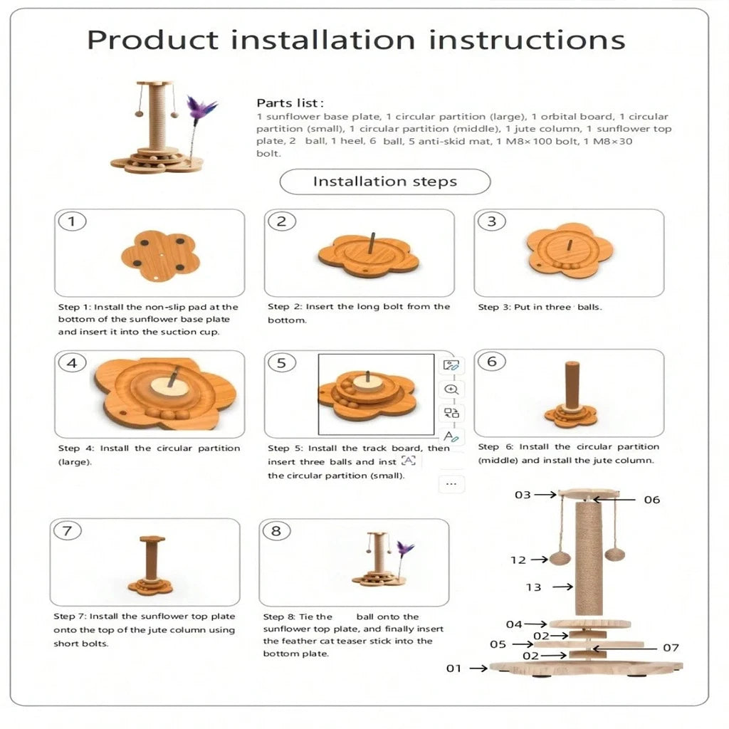 4-in-1 Wooden Cat Scratcher with Ball Track & Feather Toy Self-Play Kitten Activity Center Anti-Boredom Indoor Pet Supplies , Suitable For Indoor Kittens