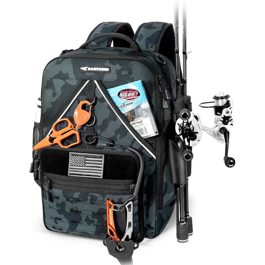 Water-Resistant Fishing Tackle Backpack with 2 Rod Holders and Large Storage, Camouflage Design