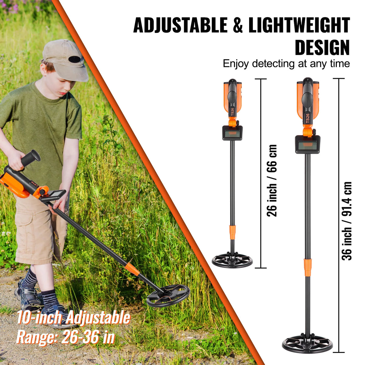 VEVOR Metal Detector for Kids 6Inch 25''-37''Adjustable Length IP68 Waterproof Search Coil with LCD for Detecting Gold