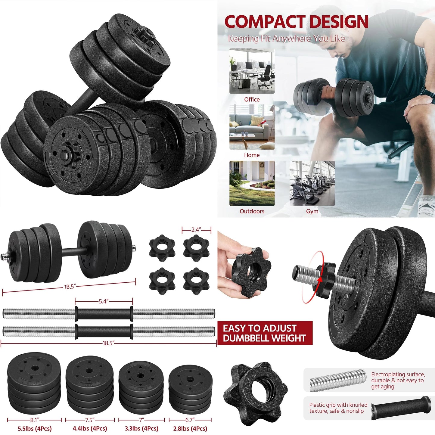 Adjustable Dumbbell Set Free Weights for Home Gym Women Men Changeable Fitness Equipment