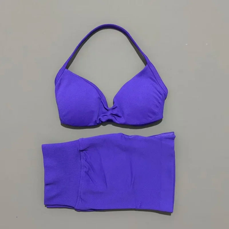 2 Pieces Yoga Gym Set Women Seamless Strappy Yoga Bra High Waist Workout Scrunch Shorts Sports Set Fitness Clothes Sportswear