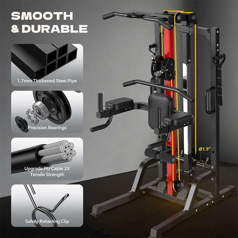 Pooboo Pull Up Bar Power Tower Dip Station with Cable Machine, 450LB Home Gym | Pull Up Bar, Dip Station and 16-Position Cable System for Pull Ups, Dips, Lat Pulldowns, Rows and Full-Body Training