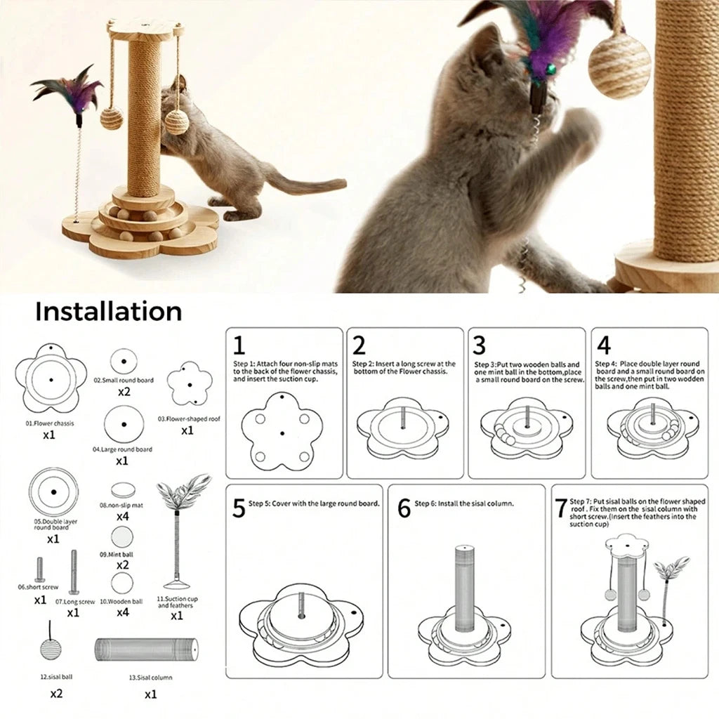 4-in-1 Wooden Cat Scratcher with Ball Track & Feather Toy Self-Play Kitten Activity Center Anti-Boredom Indoor Pet Supplies , Suitable For Indoor Kittens