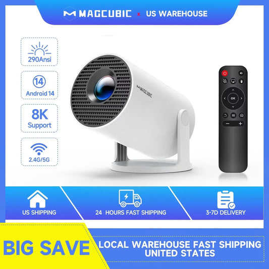 Magcubic Android 14 BT5.4 8K Support HY300 Pro Home Outdoor Projector, 290ANSI Native 720P, Mini Portable Full HD Beam