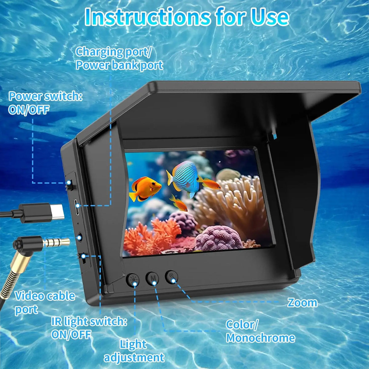 Underwater Fishing Camera with 4.3'' LCD Display 1080P HD, IP68 Waterproof Fish Depth Finder with Infrared Night Vision Light&5000mAh Battery, Suitable for Ice Lake Boat Kayak Fishing