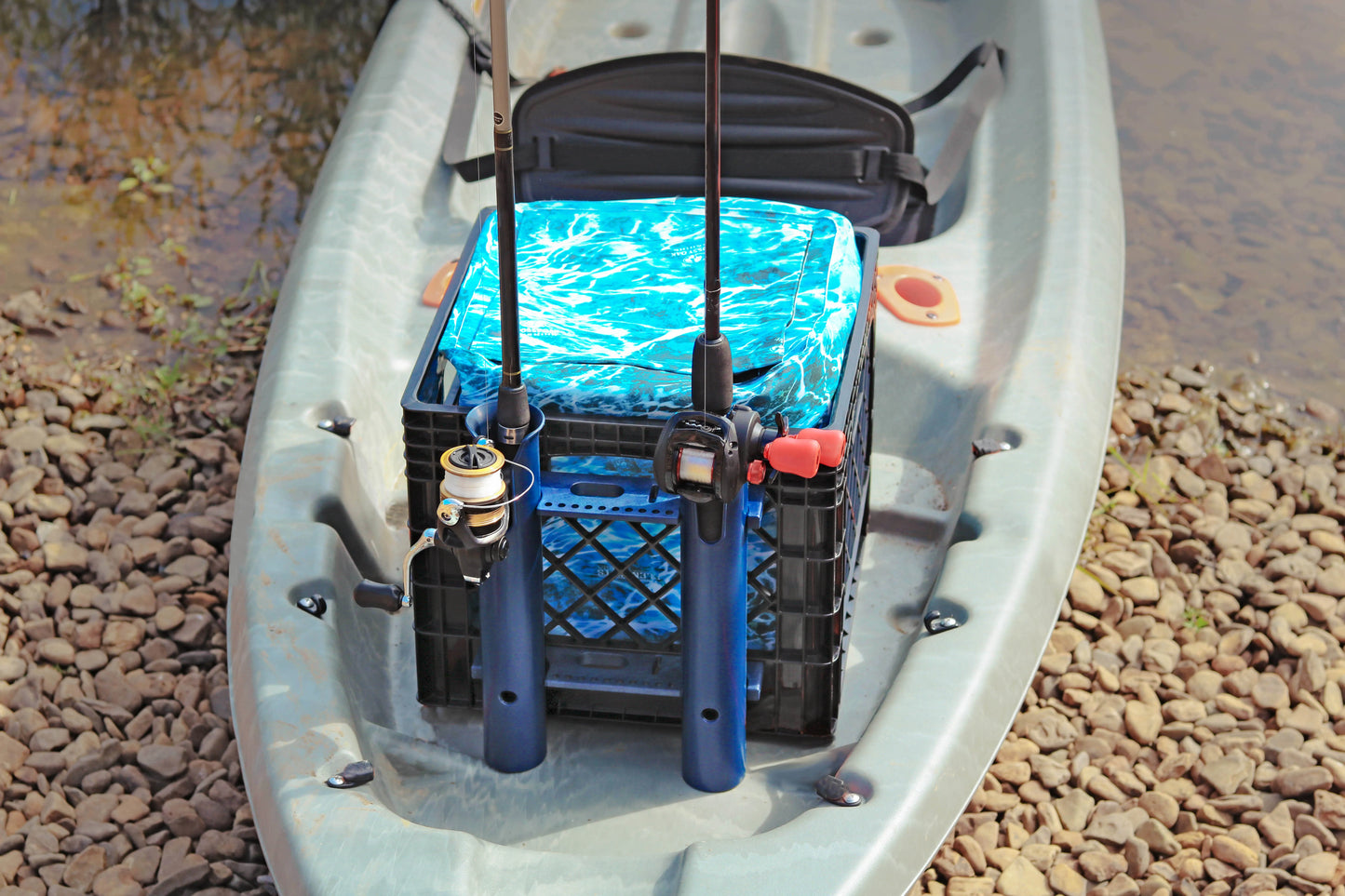 Kayak Storage Crate with Dry Bag Fishing Gear Kit Rod Holder Blue Milk Crate