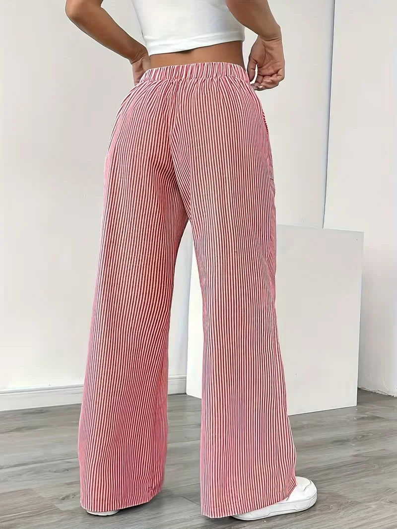 Three‑Piece Set of Women's Striped Wide‑Leg Athletic Pants ‑ High‑waisted Elastic Drawstring Waistband, Lightweight and Soft Sports Trousers, Suitable for Exercise, Running, Fitness and Home Leisure, With Pockets,