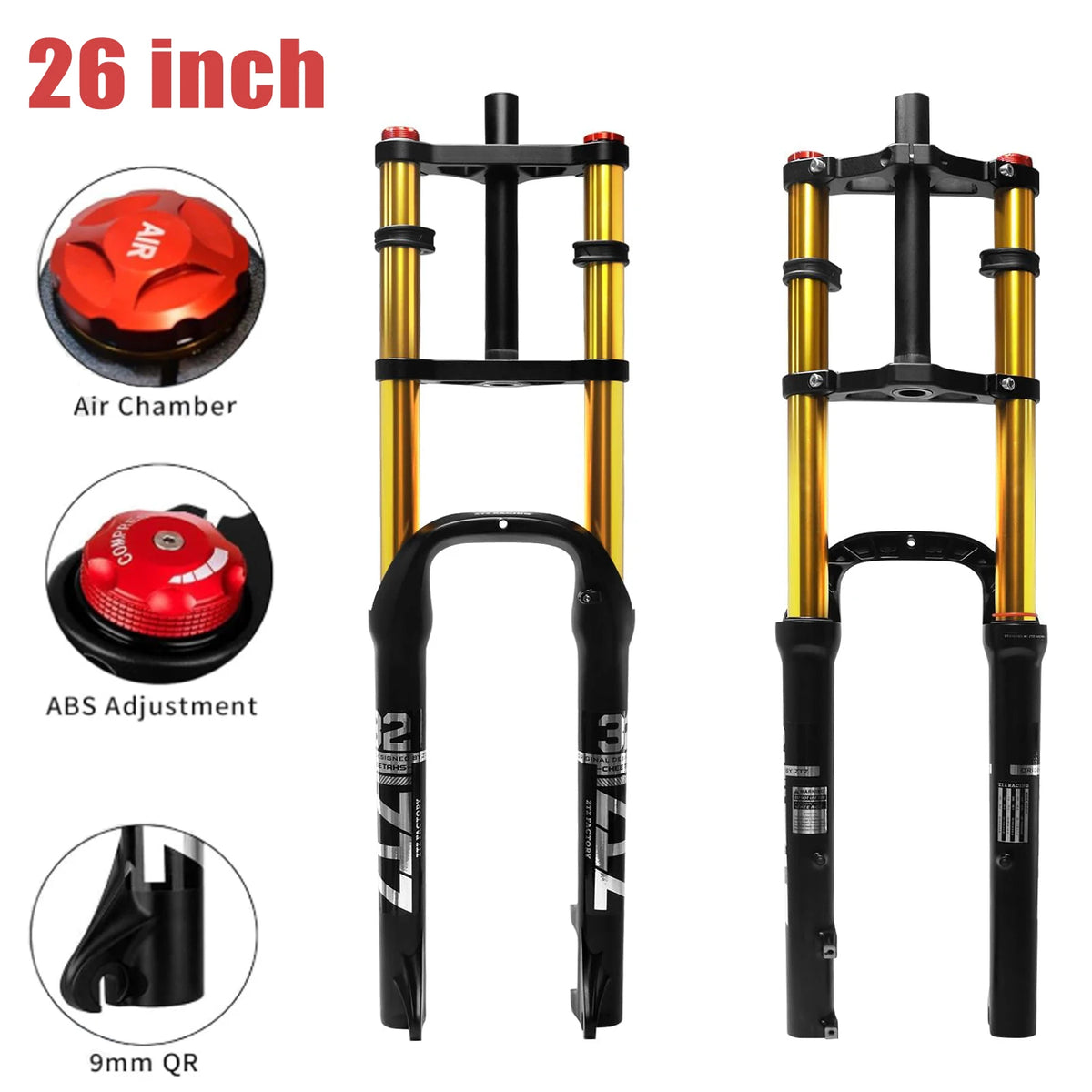 20/26 inch 4.0 Fat Tire Bike Air Suspension Fork - 180mm Travel, 135mm Hub Spacing, QR 9mm, Double Crown Shock Absorber Fork for MTB Fat Snow Beach E-Bike