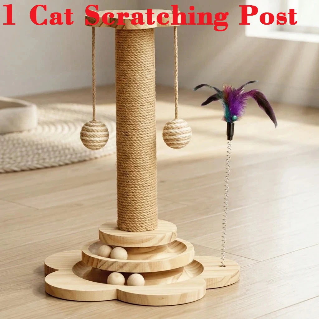 4-in-1 Wooden Cat Scratcher with Ball Track & Feather Toy Self-Play Kitten Activity Center Anti-Boredom Indoor Pet Supplies , Suitable For Indoor Kittens