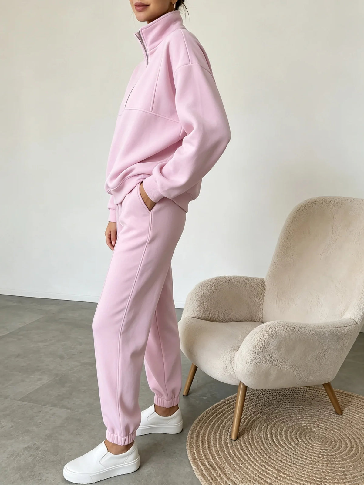 Women Half Zip Sweatshirt Pants Set Casual Stand Collar 2 Piece Outfit Loose Long Sleeve Tracksuit Soft Loungewear Suit Daily Streetwear