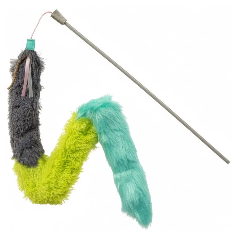 Extra Long Breakaway Plush Wand Cat Toy with Ribbons & Jute, Gray/Blue