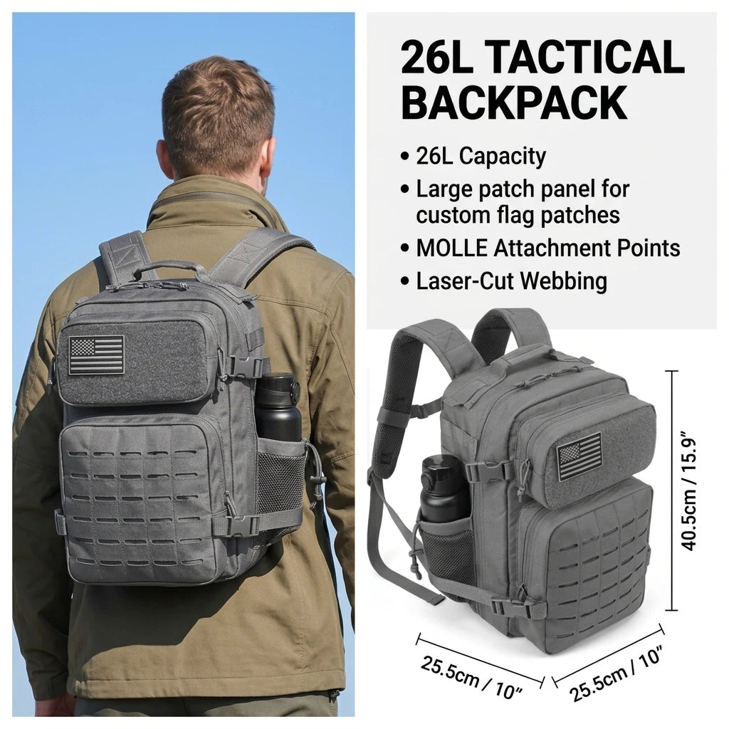 26L Men's Fishing Rucksack with MOLLE System & Double Cup Holders, Tactical Outdoor Hiking Backpack for Kayak Bass Trout River Fishing, Travel Camping Tackle Gear Storage Bag, Survival Kit