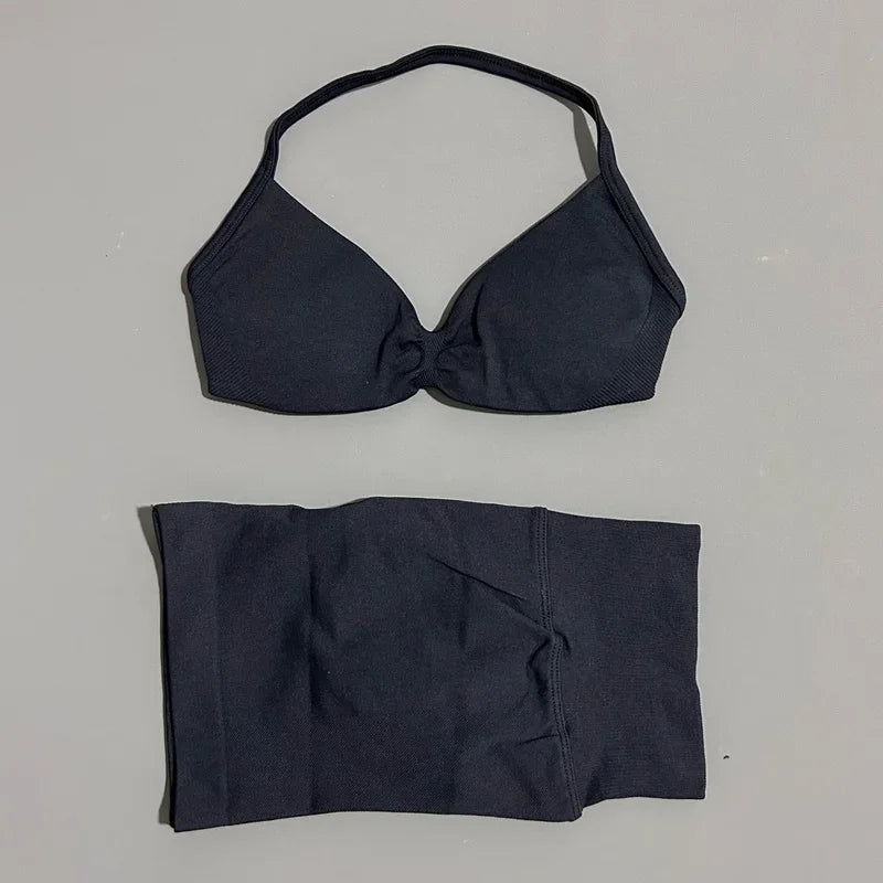 2 Pieces Yoga Gym Set Women Seamless Strappy Yoga Bra High Waist Workout Scrunch Shorts Sports Set Fitness Clothes Sportswear