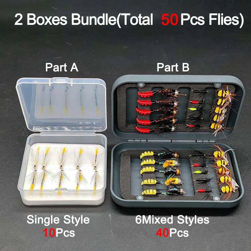 Fly Fishing Flies Kit, 2 Boxes Bundle(Total 50Pcs Flies) Dry Flies, Wet Flies, Nymphs Fishing For Trout-with Fly Box