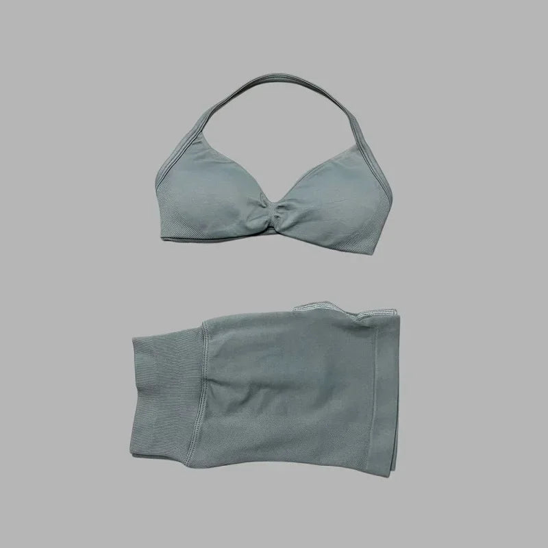 2 Pieces Yoga Gym Set Women Seamless Strappy Yoga Bra High Waist Workout Scrunch Shorts Sports Set Fitness Clothes Sportswear