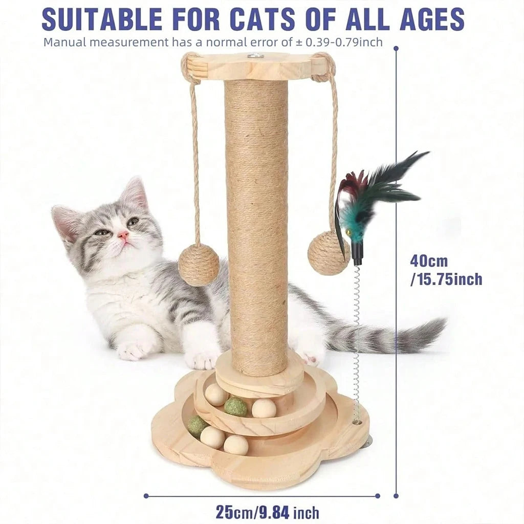 4-in-1 Wooden Cat Scratcher with Ball Track & Feather Toy Self-Play Kitten Activity Center Anti-Boredom Indoor Pet Supplies , Suitable For Indoor Kittens