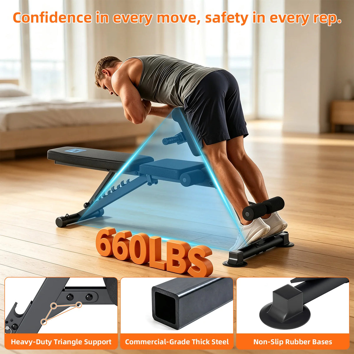 Multifunctional 6-Gear Angle Adjustable Workout Roman Chair, Heavy-Duty Triangle Support Fitness Bench with Pull Rodes for Hyperextension Sit-Up Leg C Full Body Exercise