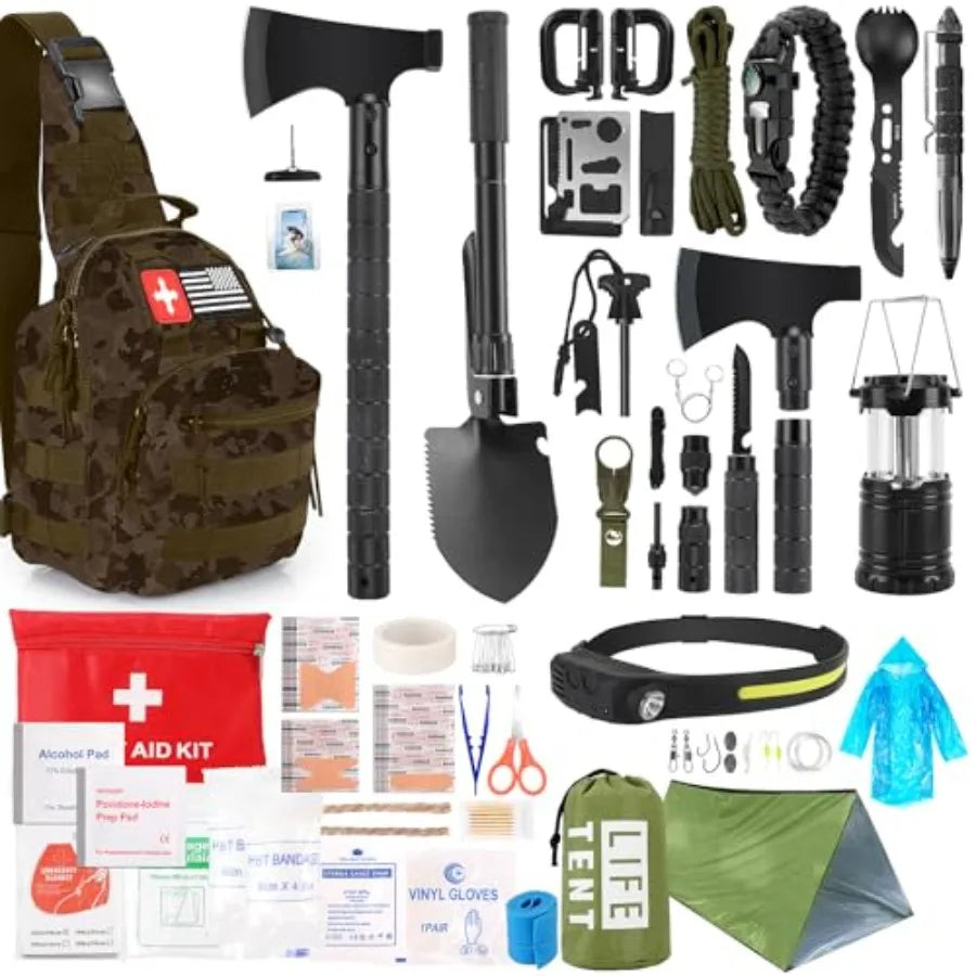 Survival Kit 268 Pcs Emergency Survival Gear and Equipment Supplies with First Aid Kit Camping Axe Headlamp Crossbody Bag for C