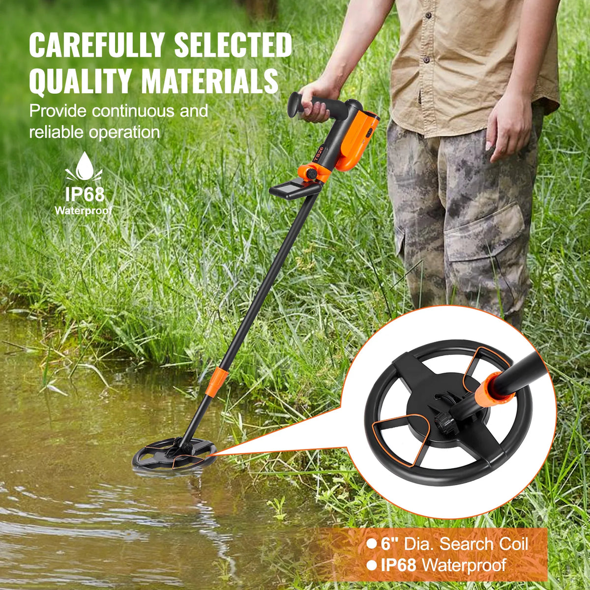 VEVOR Metal Detector for Kids 6Inch 25''-37''Adjustable Length IP68 Waterproof Search Coil with LCD for Detecting Gold