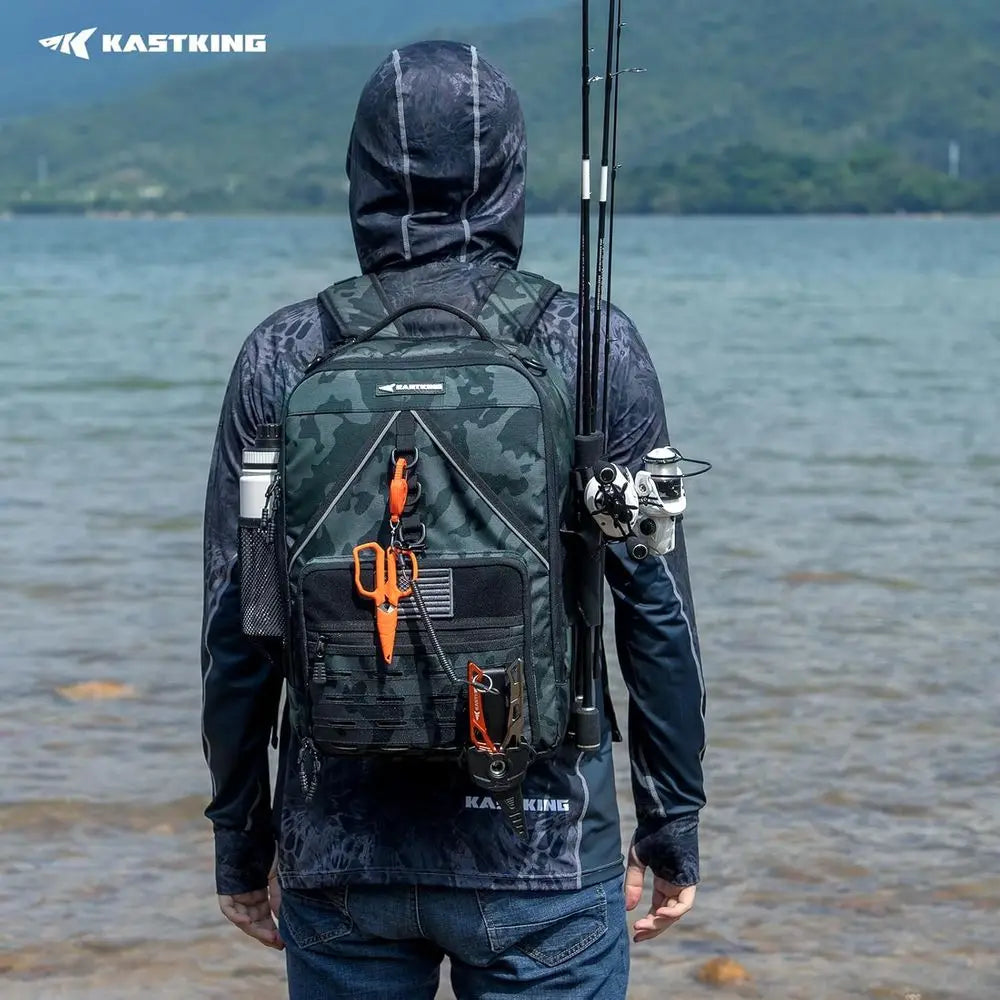 Water-Resistant Fishing Tackle Backpack with 2 Rod Holders and Large Storage, Camouflage Design